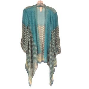 Chicos Teal Geo Print Sheer Lightweight Kimono Cardigan Duster Size 2